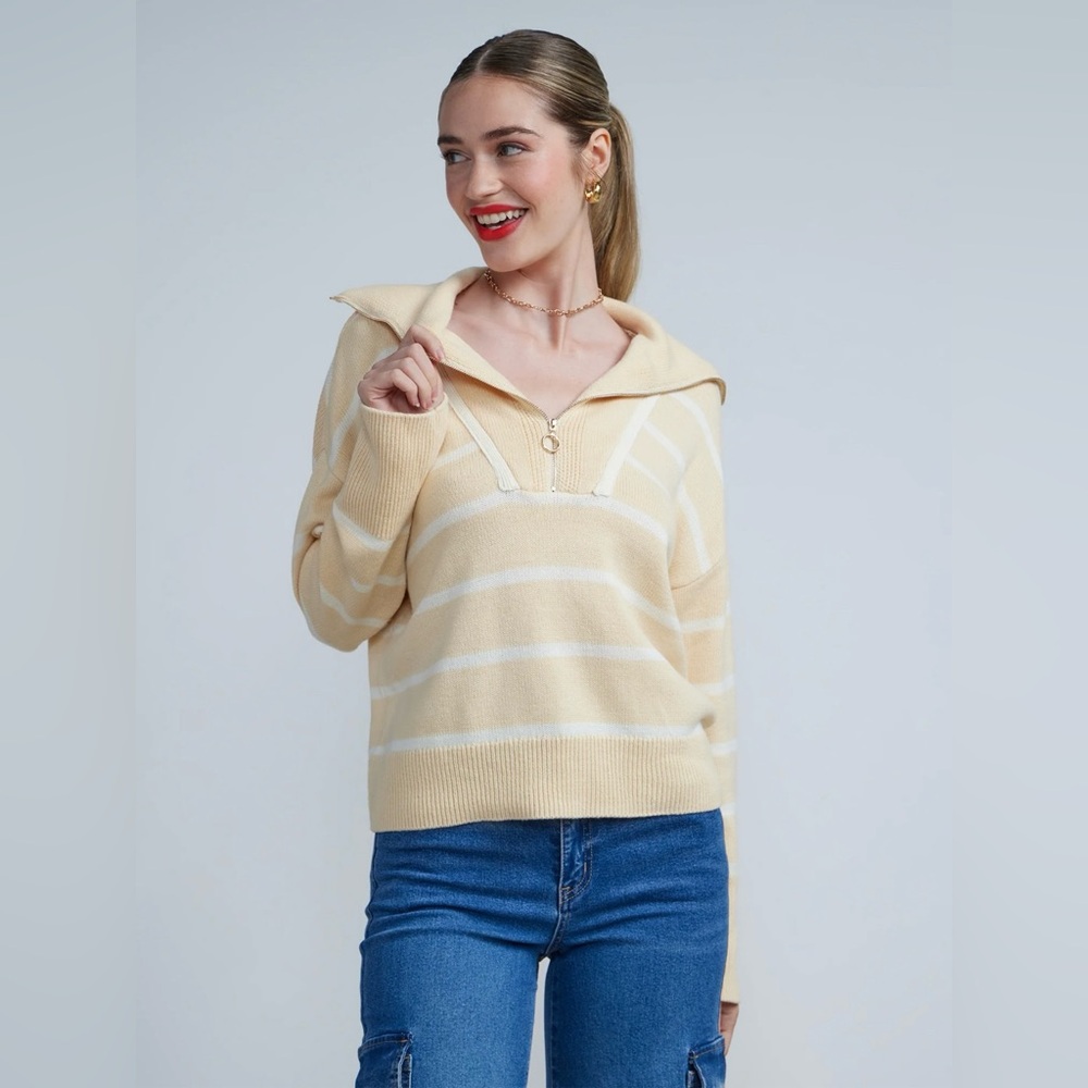 🛍️NEW New York & Co XXL Neutral/Creme Long Sleeve Striped Quarter Zip Sw…